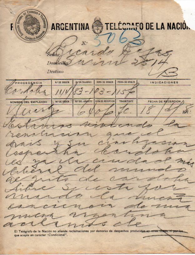 El primer telegrama de la Reforma Universitaria de 1918